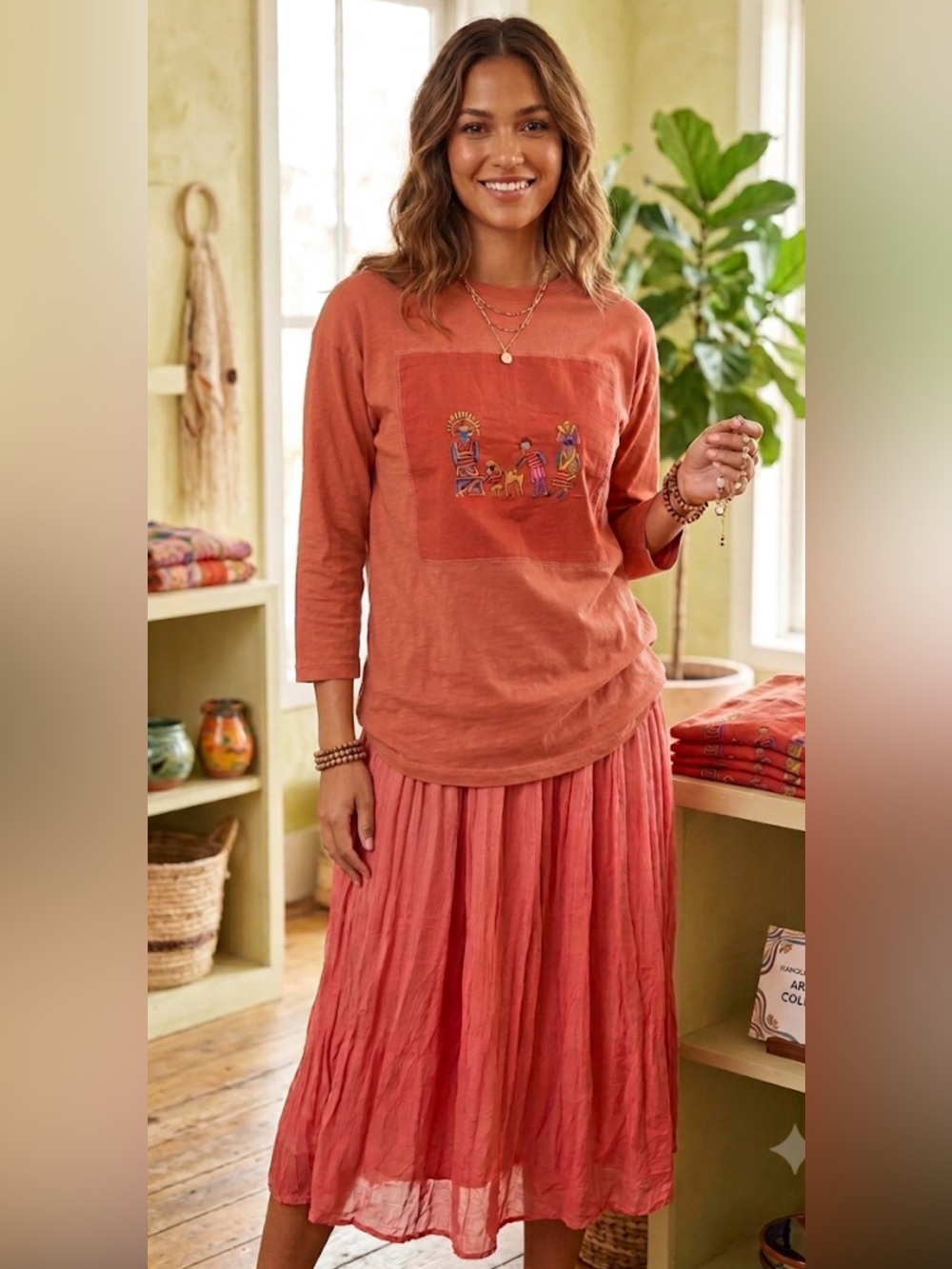 Johnny Was Coral-Peach set Midi Skirt and top  Coastal Vacation